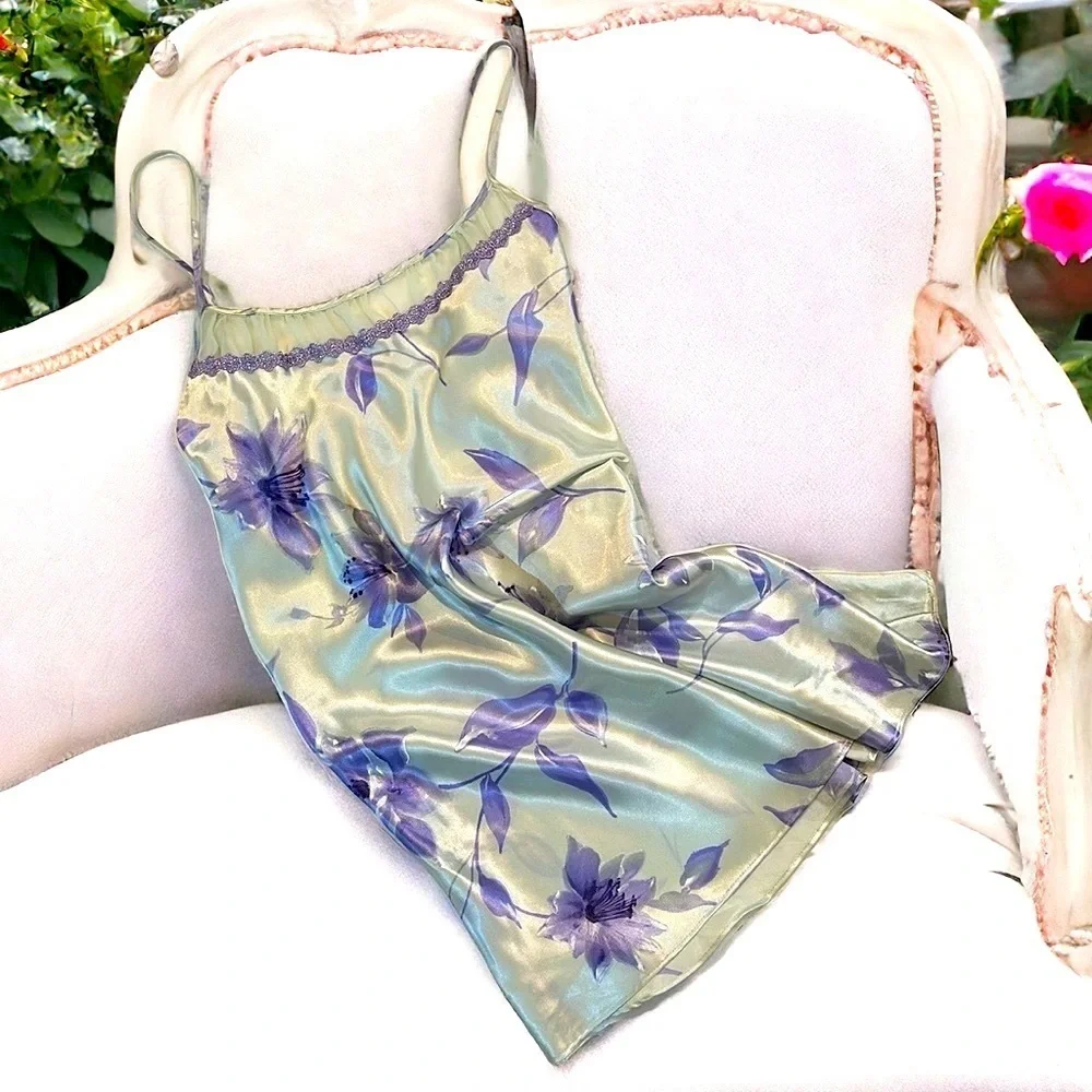 NEW VTG 90s California Dynasty sleep chemise slip dress Mint Purple Sz M - Picture 2 of 13